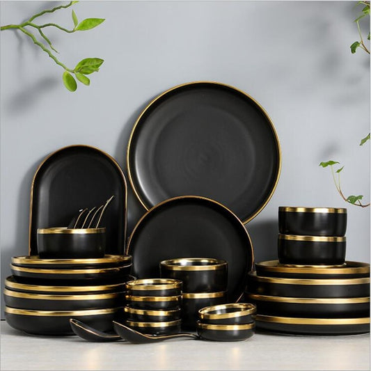 Ensemble d'assiettes et bol en porcelaine noire style japonais