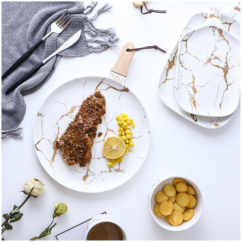 Vaisselle de petit déjeuner en céramique émaillée de marbre doré