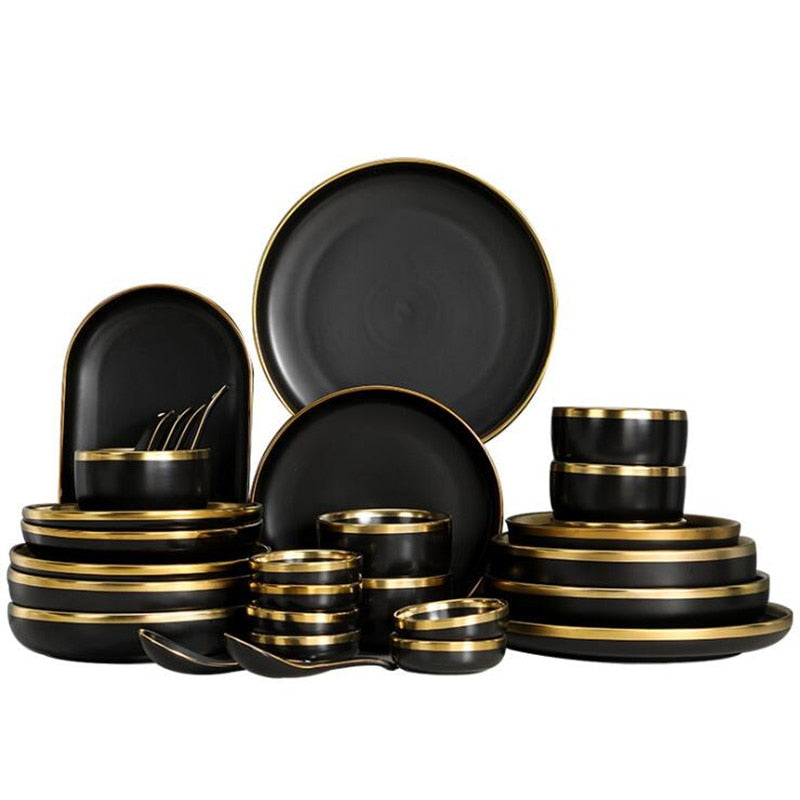 Ensemble d'assiettes et bol en porcelaine noire style japonais